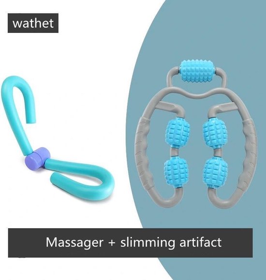 Fitness & Massage Set - De ultieme combinatie voor verbetering van lichaamsvorm en ontspanning - 1x Multifunctionele fitness en afslank klem & 1x Massage handvat met Rollers - Blauw