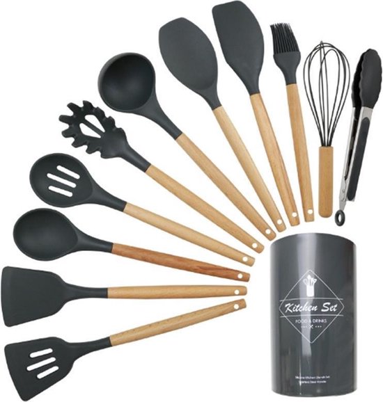 TDR - Kookgerei set met Houder 11-delig - Hout met Siliconen