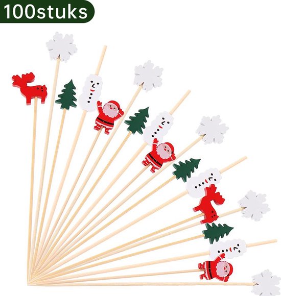 Kerst Cocktailprikkers 100 stuks – Cupcake & Fruit Prikkers – Houten Prikkers met Kerstfiguren – Feest Decoratie
