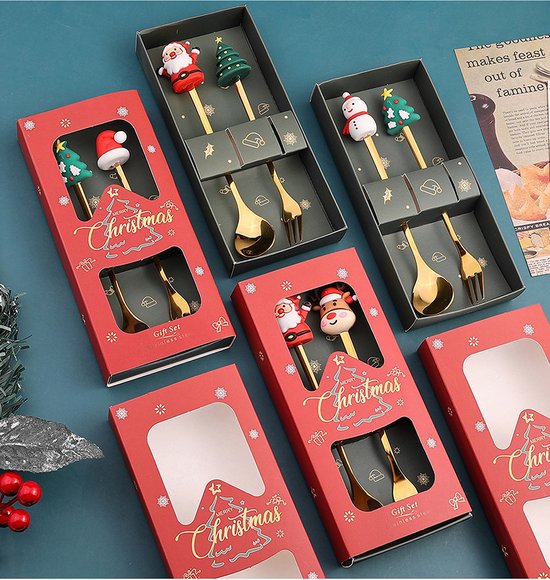 4 delige (8 stuks) Luxe Kerst Bestekset – Theelepels & Vorken met Unieke Kerstfiguren – Feestelijk Cadeau-goud