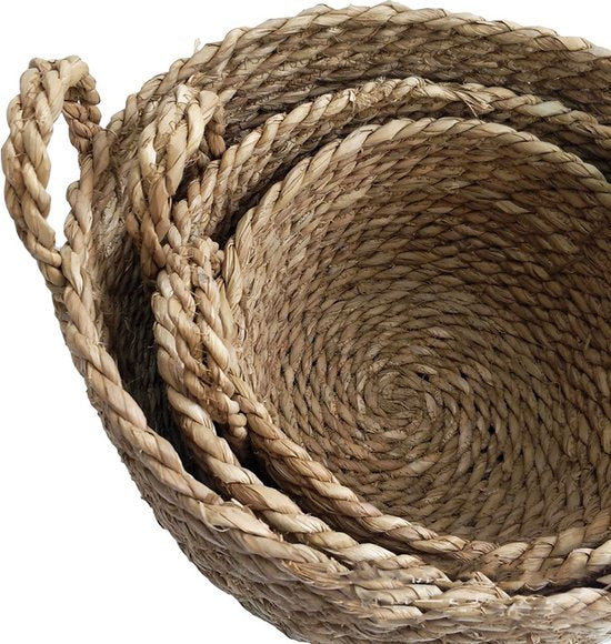 3-delige Natuurlijke Grasvezel Plantmanden Set - Stijlvolle Plantenhouders met Handgreep-Verrijk je Ruimte met Natuurlijke Elegantie - Duurzaam, Veelzijdig en Milieuvriendelijk Design-bruin