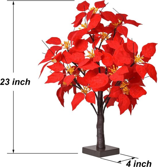 LED Lichtboom met Rode Poinsettia Bladeren - Warme Witte Verlichting - Energiezuinig en Duurzaam Design-58 cm Hoog