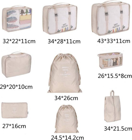 9 delige reisopbergtassenset-Packing Cubes-Bagage organizers- Duurzaamheid en Stijlvol Reizen-ivoorwit