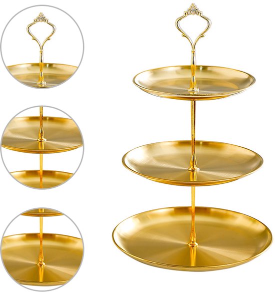 fruitschaal van roestvrij staal, goudkleurig, drielaags, 17+20+23cm