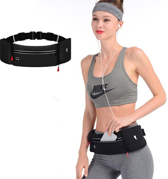 Heuptasje sport – running belt - verstelbare buideltas 60cm to 120cm - waterafstotend - Zwart
