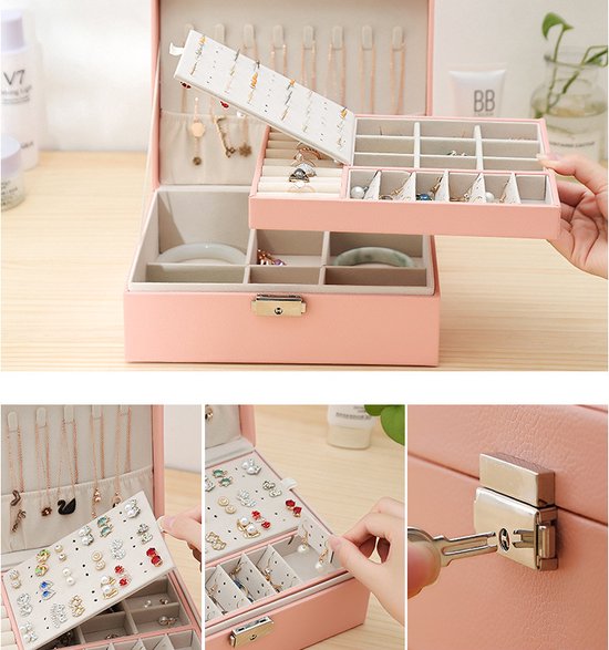 Roze sieradendoos met klassiek ontwerp, vakken en slot