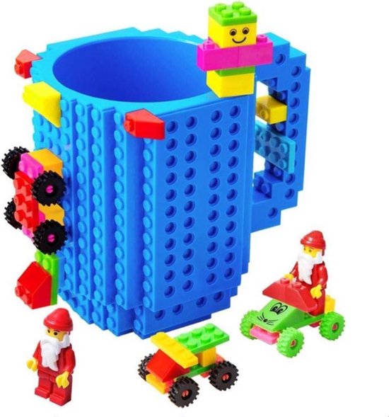 Build on Brick Mug - blauw - 350 ml - bouw je eigen mok met bouwsteentjes - BPA vrije drinkbeker cadeau voor kinderen of volwassenen - koffie thee limonade of andere dranken - pennenbeker - creatief accessoire voor op bureau