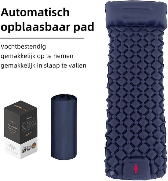 Opblaasbaar slaapmatje met geïntegreerd hoofdkussen en ingebouwde pomp, marineblauw 190*60*5cm