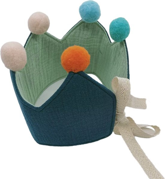 verjaardagskroon-koninklijke kroonvorm met leeftijd naar keuze van 1-9 jaar-Comfortabel Katoen - Elegant Design - Ultiem Comfort- aquamarijnblauw