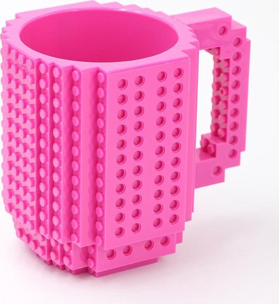 Build on Brick Mug - Donker Roze- 350 ml - bouw je eigen mok met bouwsteentjes - BPA vrije drinkbeker cadeau voor kinderen of volwassenen - koffie thee limonade of andere dranken - pennenbeker - creatief accessoire voor op bureau