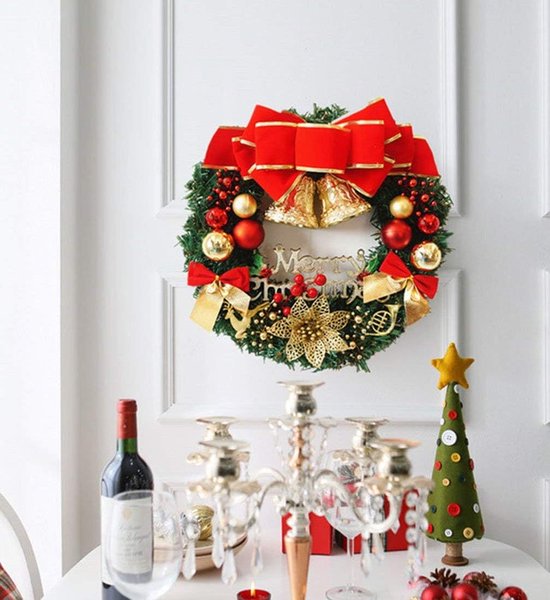 Kerstkrans – Klassieke Decoratie met Rode Strikken, Klokken en Gouden Accenten-Ø30 cm