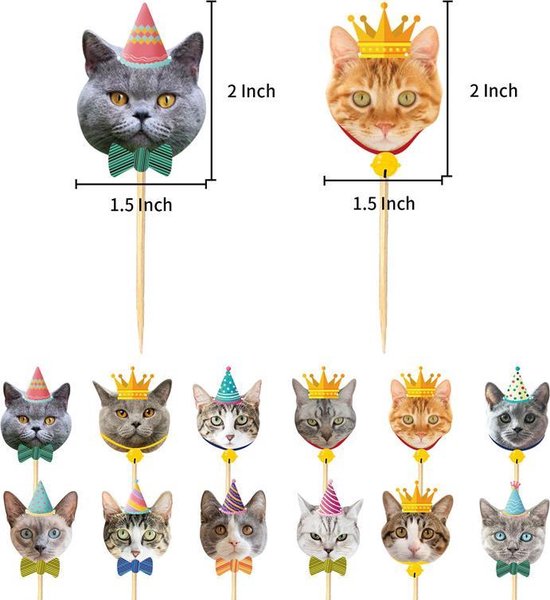 Katten cupcake prikkers - 48-delige set voor cake, fruit en desserts