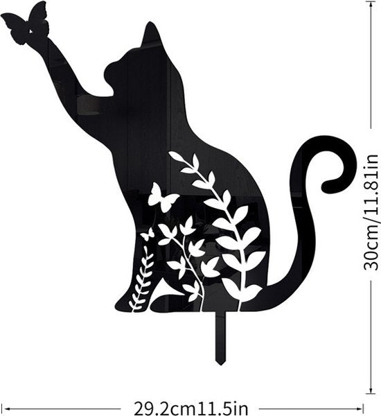 Metalen tuinsteker-zwarte kat met bloem silhouet en vangt een vlinder-29.2x30cm