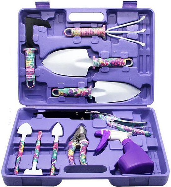 10-delige Tuingereedschapset met Paarse Bloemenprint