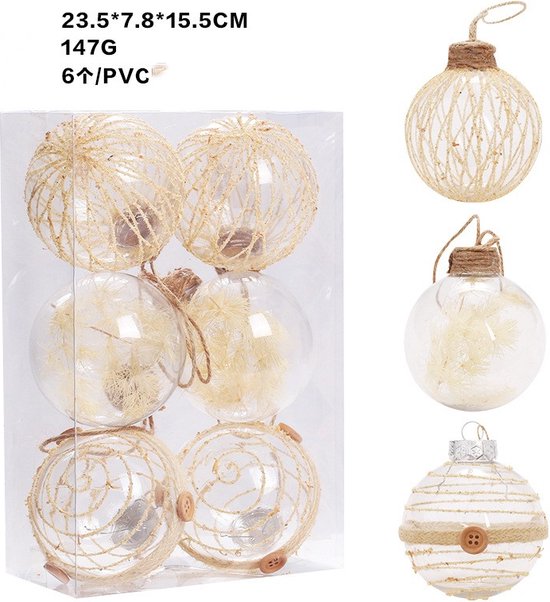 Set van 18 Luxe Transparante Kerstballen - Natuurlijk Design met Jute, Bloemen en Vezels - Duurzaam en Herbruikbaar-Ø 7.8 cm