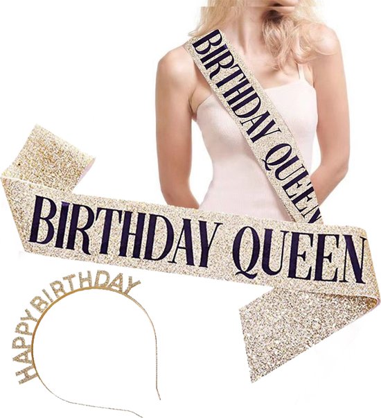 Happy Birthday Tiara en Sjerp-Met text "Birthday Queen"- Ideaal als Cadeau voor Verjaardagen-birthday diadeem-goud
