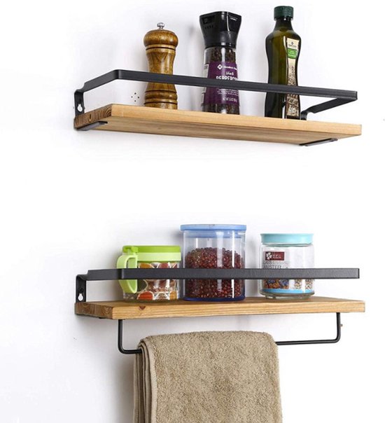 Wandrek 2-lagen met handdoektang voor badkamer - Zwart/Bruin