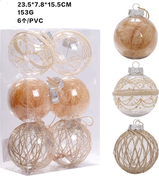 Set van 18 Luxe Transparante Kerstballen - Natuurlijk Design met Jute, Bloemen en Vezels - Duurzaam en Herbruikbaar-Ø 7.8 cm