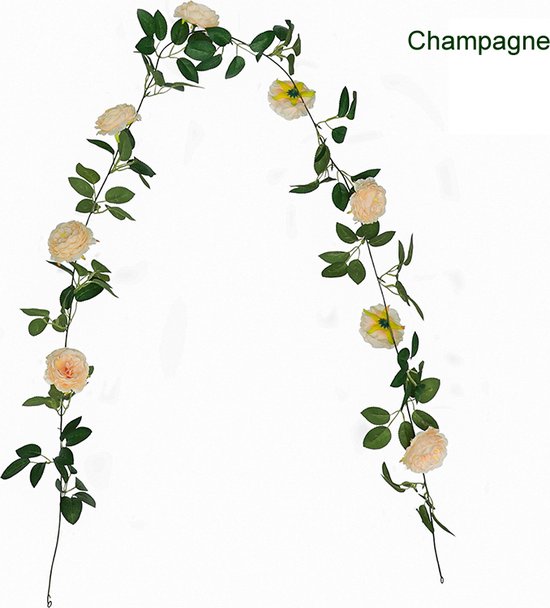 2 Stuks Rozen Slinger - Kunstbloemen slinger - Balkon decoratie - Zomerbloem- 145cm - Klimroos Light Champagne - Bruiloft Decoratie – Trouwen -Trouwdag bloemen