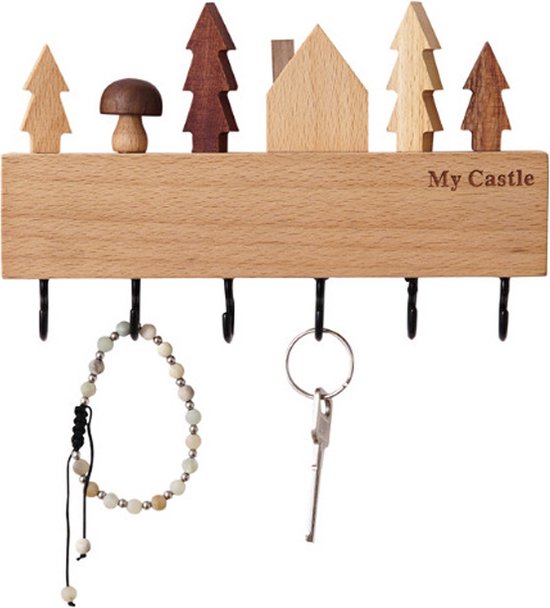 houten Sleutelkastje met zwarte haakjes-decoratieve sleutelrek-6 haakjes