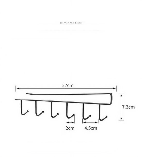 Keukenhaak Onder Plank – Set van 4 – Metaal – Zwart – 6 Haken – Ophangrek voor Keukengerei, Mok, Handdoek – afbeelding 4