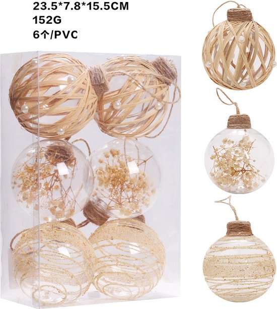 Set van 18 Luxe Transparante Kerstballen - Natuurlijk Design met Jute, Bloemen en Vezels - Duurzaam en Herbruikbaar-Ø 7.8 cm