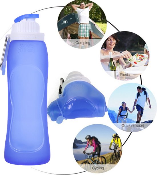 2 Stuks opvouwbare draagbare waterfles met karabijnhaak - duurzaam siliconen-hemelsblauw 500ml