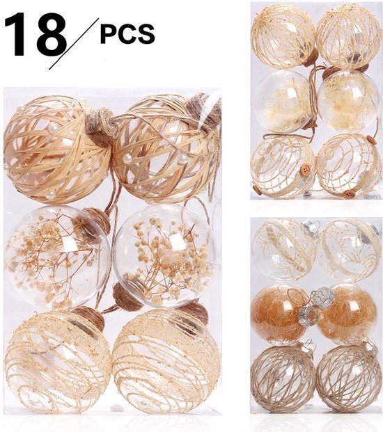 Set van 18 Luxe Transparante Kerstballen - Natuurlijk Design met Jute, Bloemen en Vezels - Duurzaam en Herbruikbaar-Ø 7.8 cm