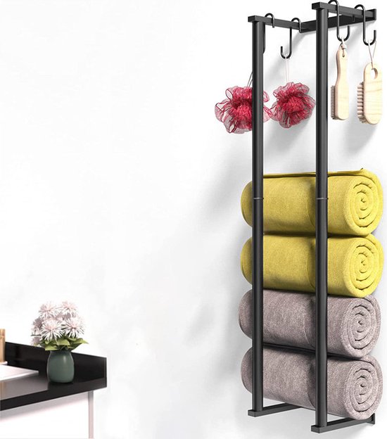Metalen Handdoekhouder Badkamer - 4 Haakjes - Zwart