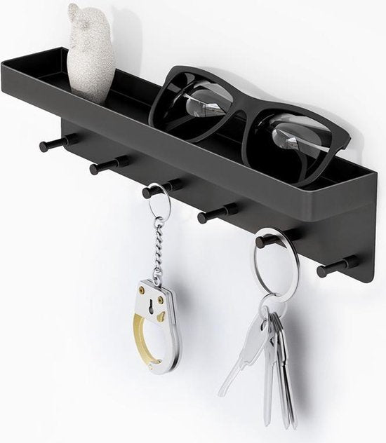 TDR - Sleutelrekje - 6 haakjes - met zelfklevende, en schroefbevestiging - RVS - 24,5 x 4.5 x 6 cm - Zwart