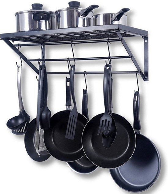 Stijlvol en Duurzaam Metalen Keukenrek met 10 Haken-Opbergrek voor Pannen en keukengerei-60*30*23cm-zwart