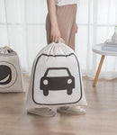 Set van 3 grote Stijlvolle Linnen Opbergzakken met Trekkoord - 80x60 cm - 226 Liter - Alfabet, Wasmachine en Auto Design