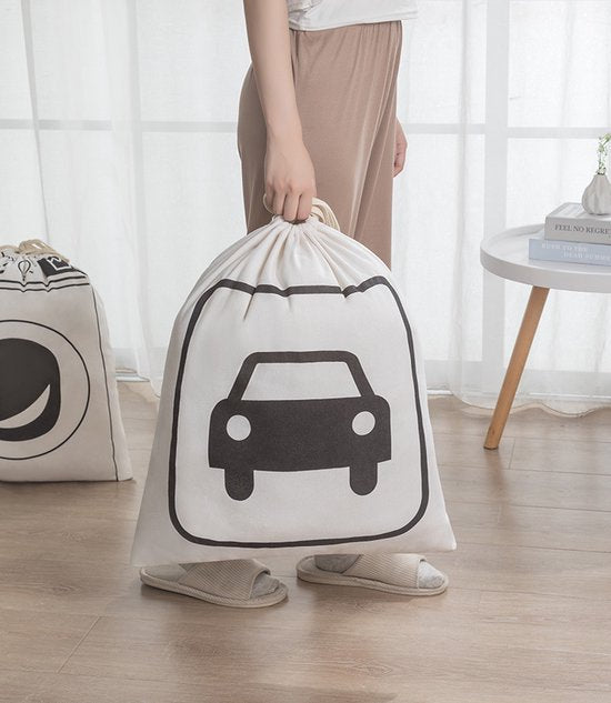 Set van 3 grote Stijlvolle Linnen Opbergzakken met Trekkoord - 80x60 cm - 226 Liter - Alfabet, Wasmachine en Auto Design