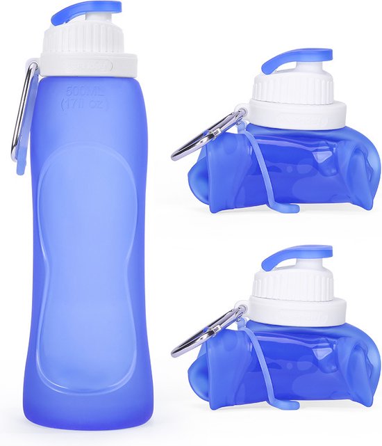 2 Stuks opvouwbare draagbare waterfles met karabijnhaak - duurzaam siliconen-hemelsblauw 500ml