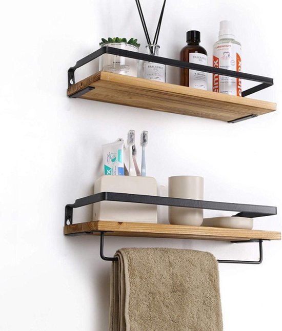 Wandrek 2-lagen met handdoektang voor badkamer - Zwart/Bruin