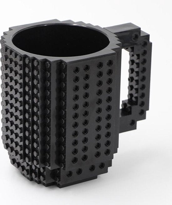 Build on Brick Mug - zwart- 350 ml - bouw je eigen mok met bouwsteentjes - BPA vrije drinkbeker cadeau voor kinderen of volwassenen - koffie thee limonade of andere dranken - pennenbeker - creatief accessoire voor op bureau