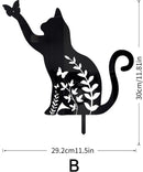 Metalen tuinsteker- kat vangt een vlinder-tuindecoratie-zwart