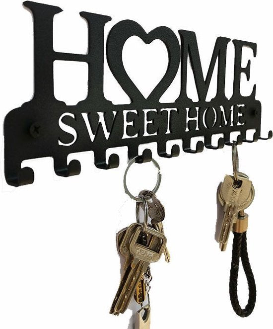 Metalen Wanddecoratie Sleutelrek - 10 Haken - Met Tekst "Home Sweet Home" - Vintage Design - Zwart