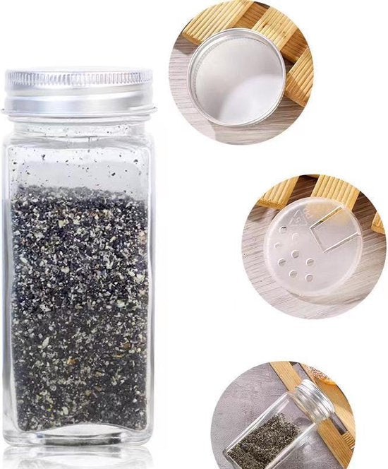 12-delige Glazen Kruidenpotten Set met Aluminium Deksel - Inhoud 120 ml - Inclusief Handige Accessoires