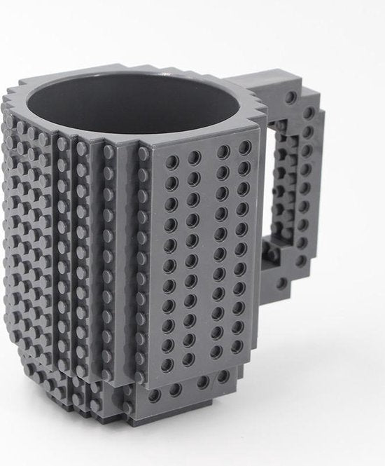 Build on Brick Mug - grijs - 350 ml - bouw je eigen mok met bouwsteentjes - BPA vrije drinkbeker cadeau voor kinderen of volwassenen - koffie thee limonade of andere dranken - pennenbeker - creatief accessoire voor op bureau