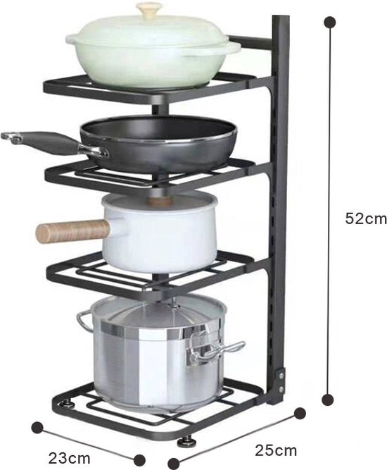 4 Lagen Verstelbaar Pannenrek van Premium Koolstofstaal - Ruimtebesparend, Multifunctioneel & Stevig - Perfect voor Potten, Pannen & Keukengerei-zwart