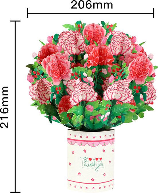 3D Pop-Up Wenskaart met Handgemaakt Anjer Bloemboeket - Ideaal voor Moederdag & Vaderdag - Duurzaam Papier - Verrassend Design - Uniek Handwerk