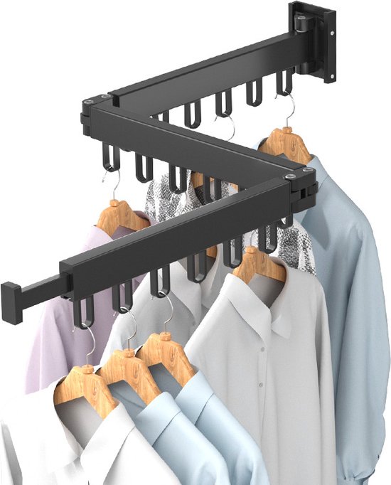 Uittrekbaar Wanddroogrek - Robuust en Ruimtebesparend - Hoge Draagkracht - Handig Wasrek Hangend aan de Muur-zwart