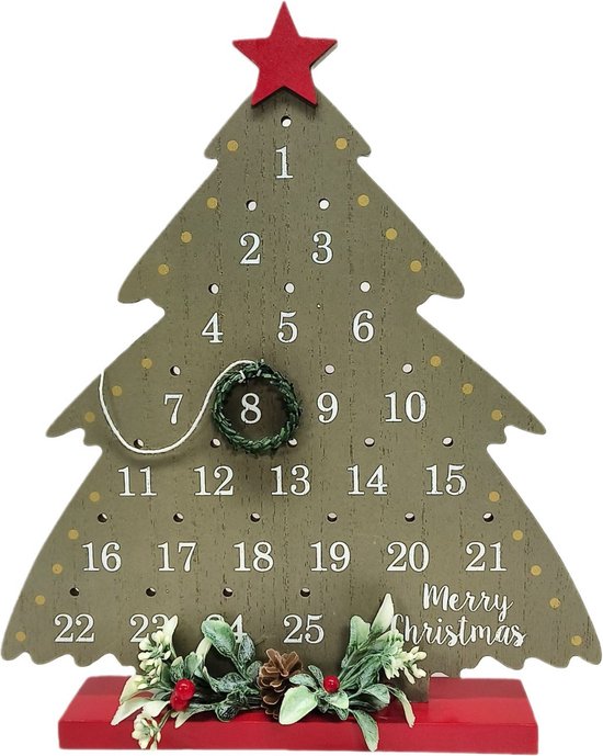 Houten Kerstboom Adventskalender - Aftelkalender met Krans en Decoratie - Sfeervolle Kerstdecoratie- 25x29,5 cm