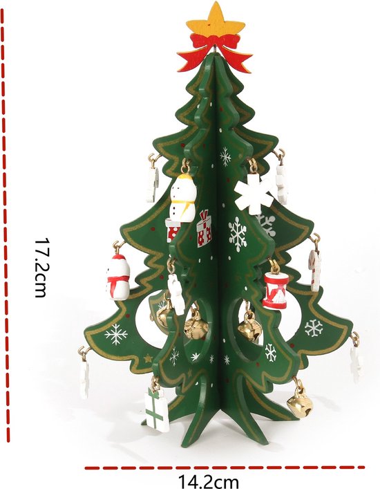 Mini Houten 3D Kerstboom – Met 10 Decoratieve Hangers – Feestelijke Tafeldecoratie - Hoogte 17.2 cm