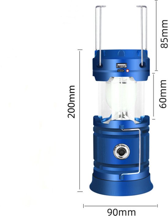 Solar LED Campinglamp Blauw - Handvat, USB, Powerbank, IP10