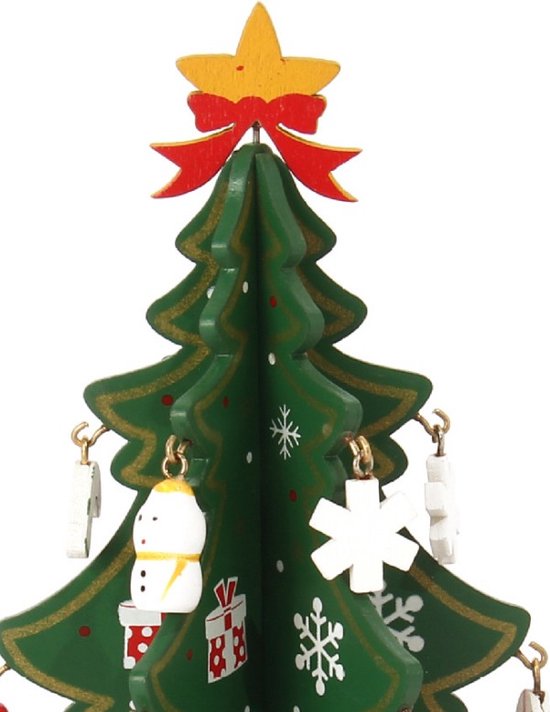 Mini Houten 3D Kerstboom – Met 10 Decoratieve Hangers – Feestelijke Tafeldecoratie - Hoogte 17.2 cm