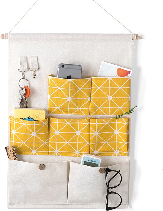 Hangende organizer 7 vakken katoen geel 45x74 cm