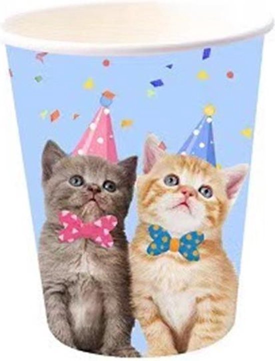 113 delig verjaardagset - Thema: Kat - met kopjes, bestek en tafelkleed -  Versiering voor feestjes, verjaardag - feestdecoratie