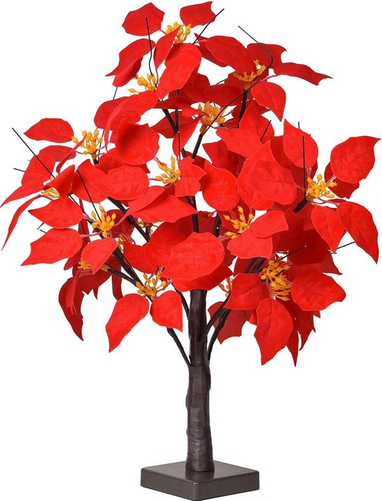 LED Lichtboom met Rode Poinsettia Bladeren - Warme Witte Verlichting - Energiezuinig en Duurzaam Design-58 cm Hoog